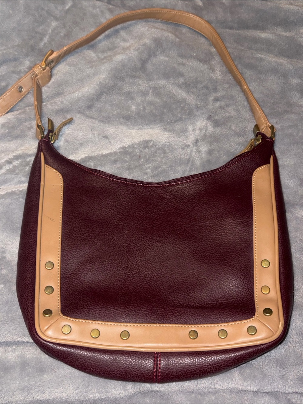Y2K Made in Italy Burgundy & Tan Studded Shoulder Bag 2000s